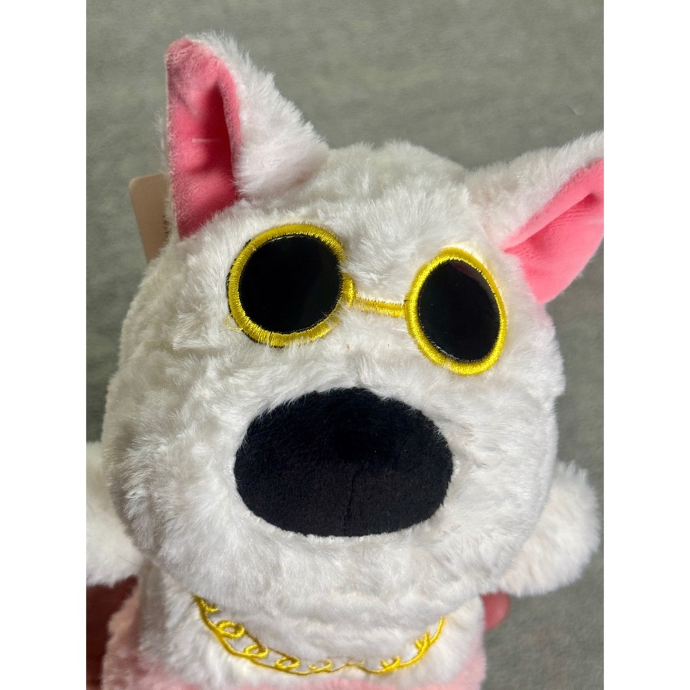 Dear Bei Bei Plush White Pink Dog Stuffed Animal Gold Chain Sunglasses 9 Inch